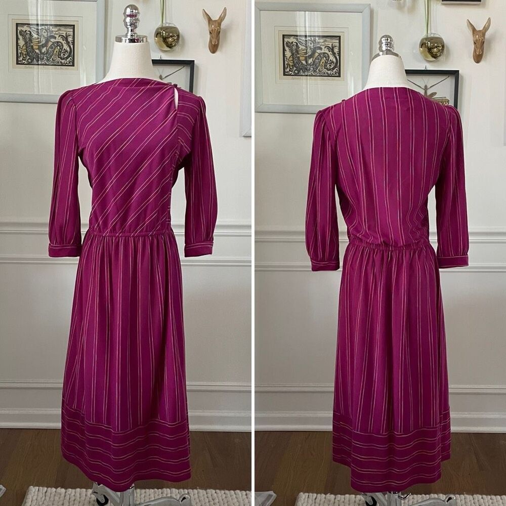 Vintage 80s New Division Violet Boatneck Cut Out Dress Mixed Direction Stripes M